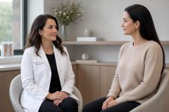 Cosmetic medicine specialist consulting a patient in a calm clinic office, discussing options.