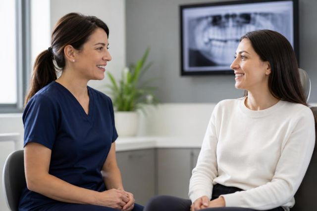 Dental clinician in navy scrubs conversing with a seated patient; dental X-ray visible behind.