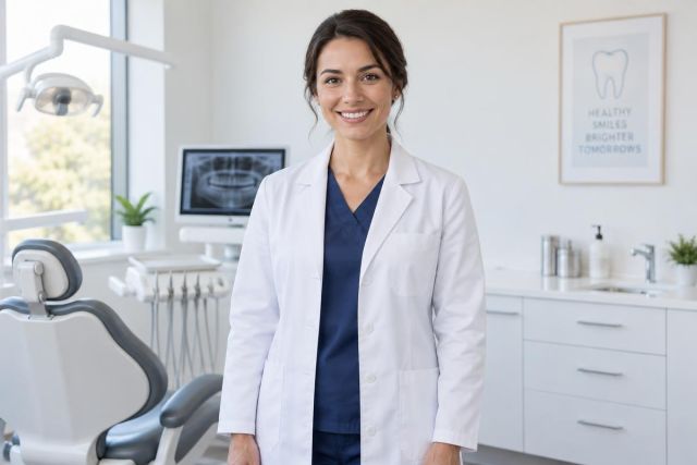 Smiling dentist in white coat standing in modern dental exam room, chair and x-ray visible