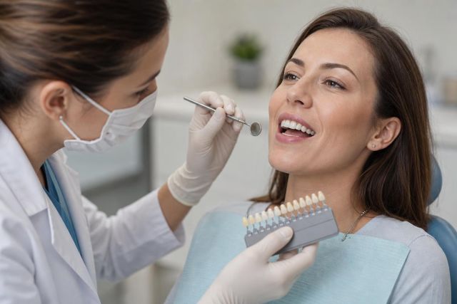 Dentist comparing patient's teeth shade to whitening guide while patient relaxes in dental chair.
