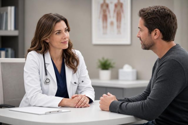 Clinician attentively counseling adult patient in a calm examination room, discussing symptoms and concerns.