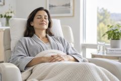 Woman reclining with eyes closed on recliner, resting in calm recovery setting at clinic.