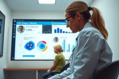 Doctor analyzing data on a screen during a presentation, likely related to medical research or treatment. Bright, modern environment with focused lighting. Could depict healthcare, science, or research fields.