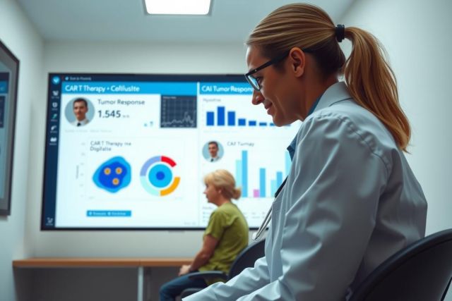 Doctor analyzing data on a screen during a presentation, likely related to medical research or treatment. Bright, modern environment with focused lighting. Could depict healthcare, science, or research fields.