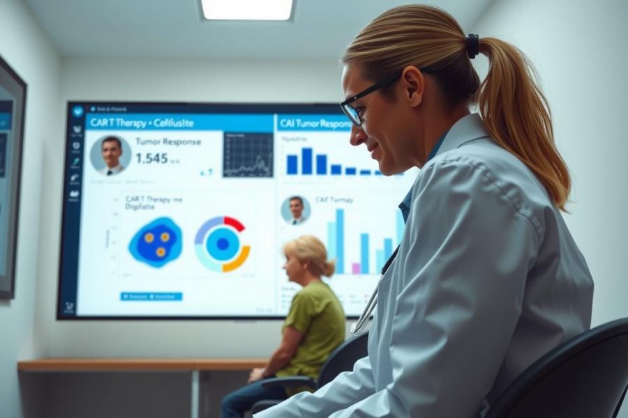 Doctor analyzing data on a screen during a presentation, likely related to medical research or treatment. Bright, modern environment with focused lighting. Could depict healthcare, science, or research fields.