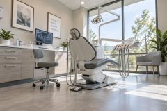 Bright modern dental operatory with chair, instruments, and monitor showing a dental x-ray.