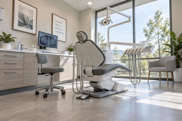 Bright modern dental operatory with chair, instruments, and monitor showing a dental x-ray.