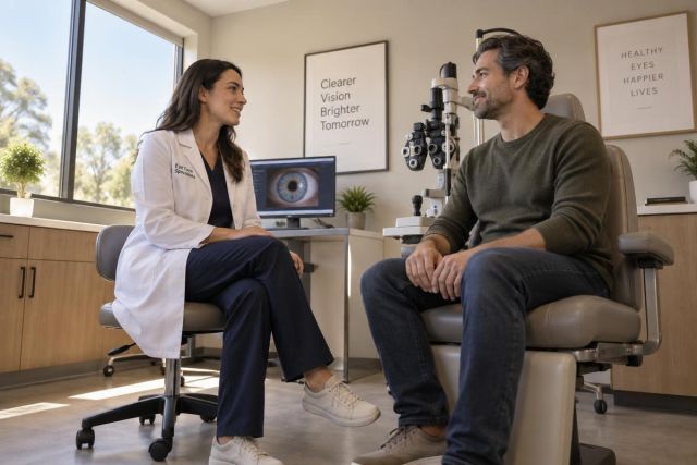 Ophthalmologist consulting patient in exam room, eye scan on monitor and visible diagnostic equipment.