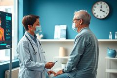 The image shows a doctor and a patient in what appears to be a modern medical office. The doctor, wearing a white coat with a stethoscope around their neck, is handing an object to the patient who is seated facing the camera.