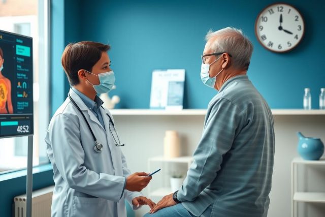 The image shows a doctor and a patient in what appears to be a modern medical office. The doctor, wearing a white coat with a stethoscope around their neck, is handing an object to the patient who is seated facing the camera.
