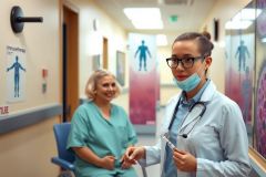 The image depicts a healthcare setting, likely an examination room within a medical facility. Two individuals, presumably doctors or nurses given their attire and the context of the image, are engaged in a professional interaction that appears to be related to patient care.