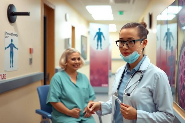 The image depicts a healthcare setting, likely an examination room within a medical facility. Two individuals, presumably doctors or nurses given their attire and the context of the image, are engaged in a professional interaction that appears to be related to patient care.