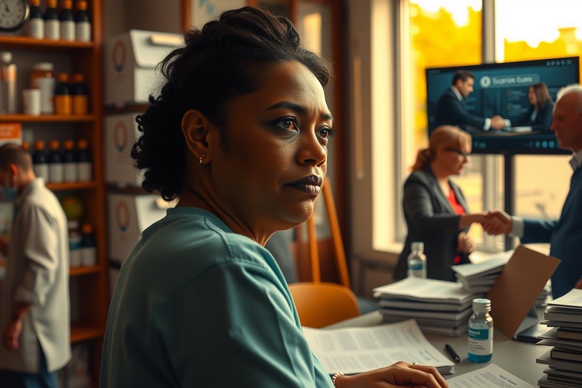The image portrays a professional setting, likely an office or retail store. In the center of the scene is a woman dressed in a blue shirt and medical scrubs, suggesting she might be a nurse or healthcare worker.