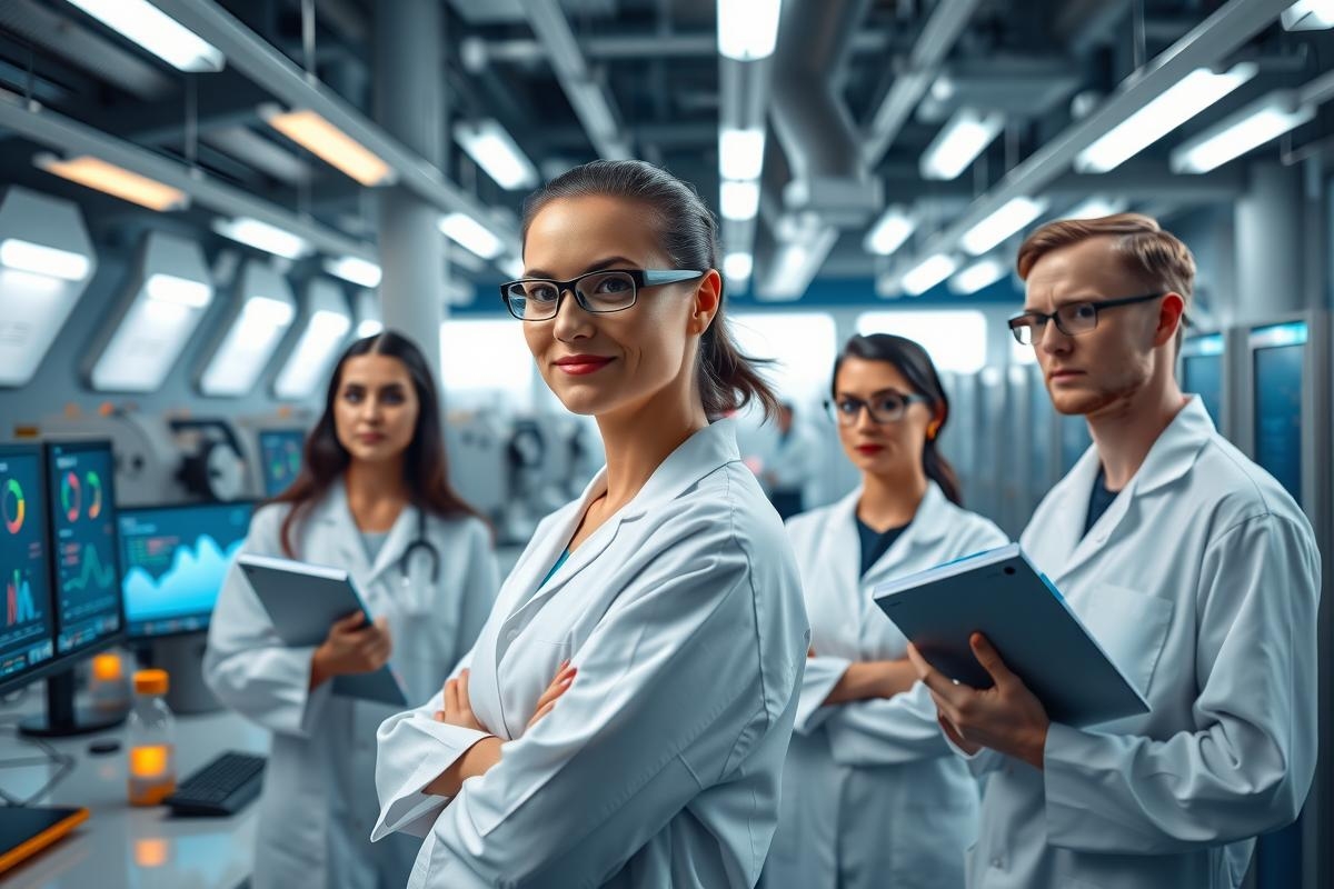 A group of young professionals in a modern lab environment, engaged with computers and equipment. They are wearing white coats, suggesting they are scientists or engineers.