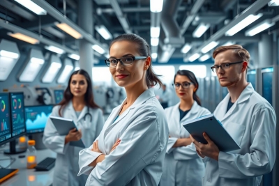 A group of young professionals in a modern lab environment, engaged with computers and equipment. They are wearing white coats, suggesting they are scientists or engineers.