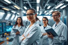 A group of young professionals in a modern lab environment, engaged with computers and equipment. They are wearing white coats, suggesting they are scientists or engineers.