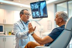 Doctor discusses patient's medical imaging in a clinic setting. The doctor, wearing a white coat and stethoscope, gestures while the patient sits in a chair. X-ray images are visible in the background. Healthcare, medical examination, diagnosis.