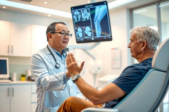 Doctor discusses patient's medical imaging in a clinic setting. The doctor, wearing a white coat and stethoscope, gestures while the patient sits in a chair. X-ray images are visible in the background. Healthcare, medical examination, diagnosis.