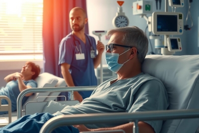 In the image, we see a medical setting with multiple individuals. The primary focus is an older gentleman who appears to be in distress, lying on a hospital bed. He is wearing medical gear.
