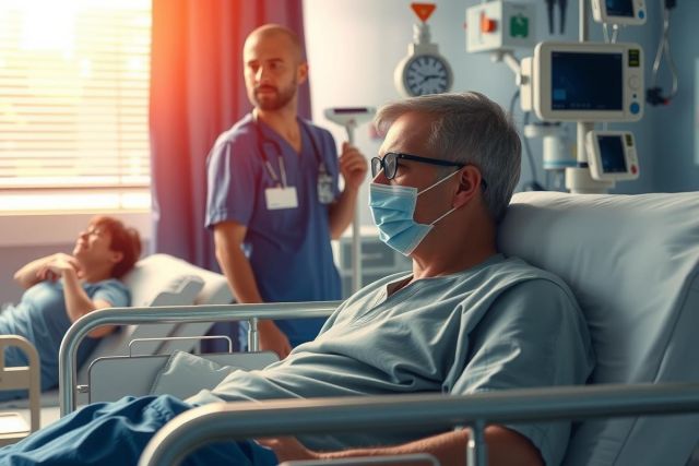 In the image, we see a medical setting with multiple individuals. The primary focus is an older gentleman who appears to be in distress, lying on a hospital bed. He is wearing medical gear.