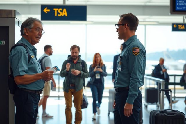 This image captures a bustling airport scene. In the foreground, two security officers are engrossed in conversation. They are standing behind a counter where other passengers are waiting or being assisted by an officer on duty.