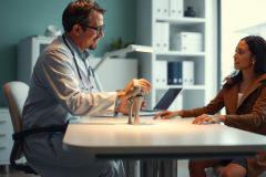 Doctor explains anatomy to patient with a model skeleton in a medical office setting. Focus on healthcare, education, and patient interaction.