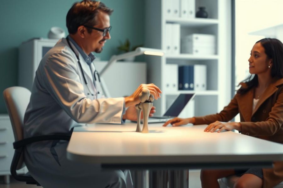 Doctor explains anatomy to patient with a model skeleton in a medical office setting. Focus on healthcare, education, and patient interaction.