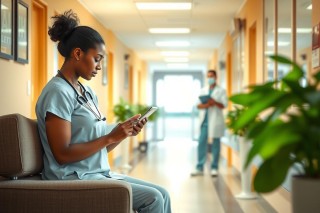The image depicts a healthcare professional in a hospital setting, seated on a chair. The person is dressed in medical attire and appears to be engaged with a digital device.