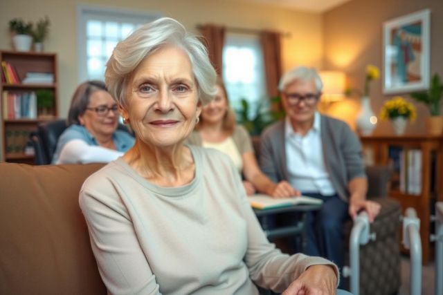 This image shows a group of elderly women in a cozy living room setting. The woman seated on the left side appears to be older and is dressed in a casual light-colored top, sitting comfortably with her legs crossed.