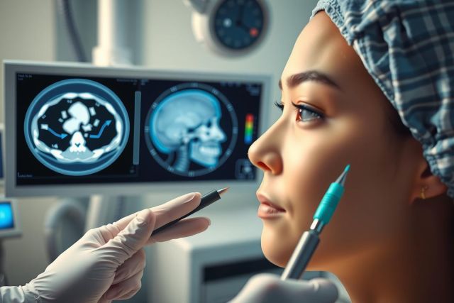 The image features a patient in an operating room setting. The central focus is on the patient, who appears calm and confident, closely monitoring their health using advanced medical equipment including a CT scan machine and possibly additional diagnostic tools.