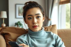 The image shows a woman seated on a couch indoors, holding a smartphone in her hands. She has a neutral expression on her face and appears to be looking towards the camera. The room she is in has a soft lighting with natural light coming from windows.
