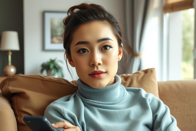 The image shows a woman seated on a couch indoors, holding a smartphone in her hands. She has a neutral expression on her face and appears to be looking towards the camera. The room she is in has a soft lighting with natural light coming from windows.