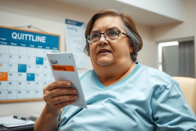 A woman, possibly in a hospital setting, holding a piece of paper. She appears to be reading or reviewing the content of the document. The room has clinical furnishings and a calendar is visible in the background.