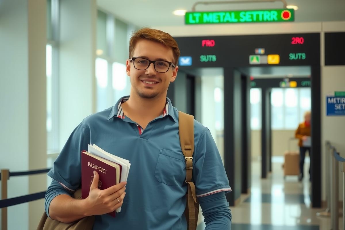 The image shows a young man standing in what appears to be an airport terminal, wearing a blue shirt with the sleeves rolled up and holding a book.