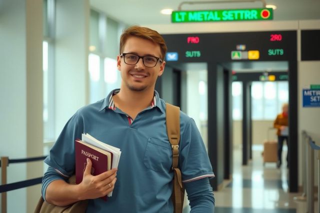 The image shows a young man standing in what appears to be an airport terminal, wearing a blue shirt with the sleeves rolled up and holding a book.
