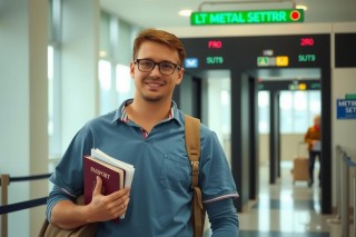The image shows a young man standing in what appears to be an airport terminal, wearing a blue shirt with the sleeves rolled up and holding a book.