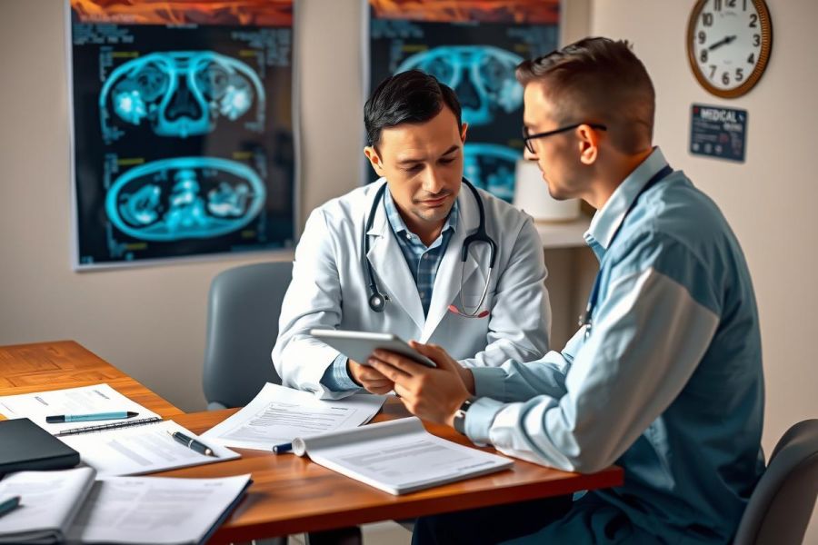 The image depicts an indoor medical setting, possibly a radiology or oncology clinic. There are two male healthcare professionals dressed in scrubs and white coats, engaged in a discussion at a table with papers and digital records. The environment is well-lit and sterile, characterized by the use of shades of blue and white to convey cleanliness and precision. The focus is on patient care and professional consultation.