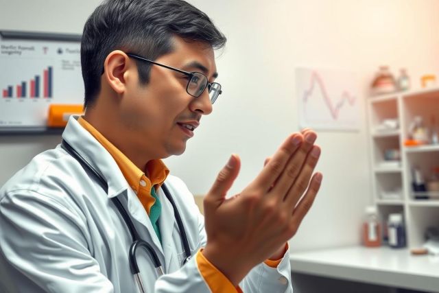 A male doctor in a white lab coat is seated at a desk with charts and medical equipment. He is holding his hands together, possibly explaining or demonstrating a technique to a patient. The environment suggests an office setting with professional lighting.
