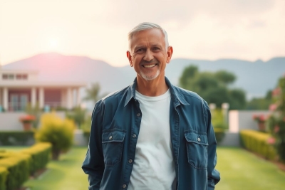 This image features an older man standing outdoors with a backdrop of a building and mountains. He is wearing a casual blue jacket and has a friendly expression on his face, looking directly at the camera.