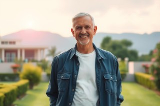 This image features an older man standing outdoors with a backdrop of a building and mountains. He is wearing a casual blue jacket and has a friendly expression on his face, looking directly at the camera.