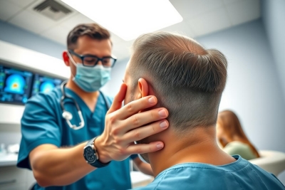 Doctor examines a patient's ear in a medical office. The healthcare professional wears a mask and blue scrubs, focused on a close-up examination. Modern medical environment with visible equipment in the background.