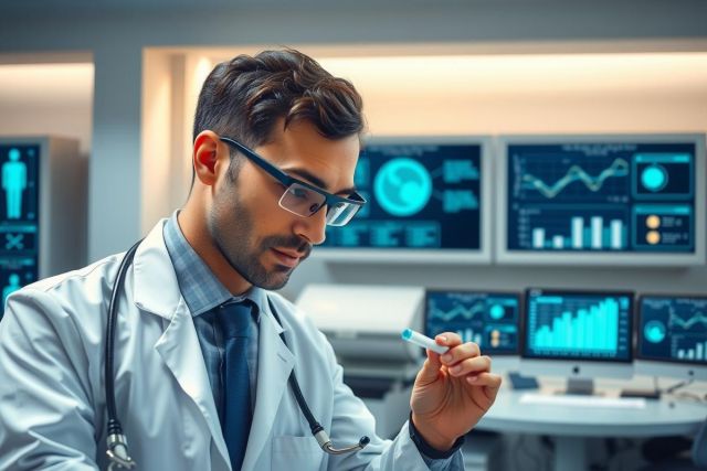 The image features a man wearing a white coat and stethoscope, suggesting he is a medical professional. He is focused on a tablet or smartphone screen, possibly reviewing patient data.
