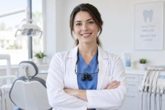 Smiling female dentist in clinic with dental chair and instruments, confident professional portrait
