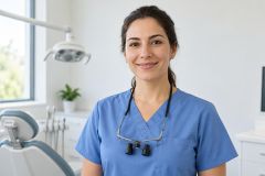 Smiling dental clinician in blue scrubs standing in a bright dental operatory, patient chair visible.